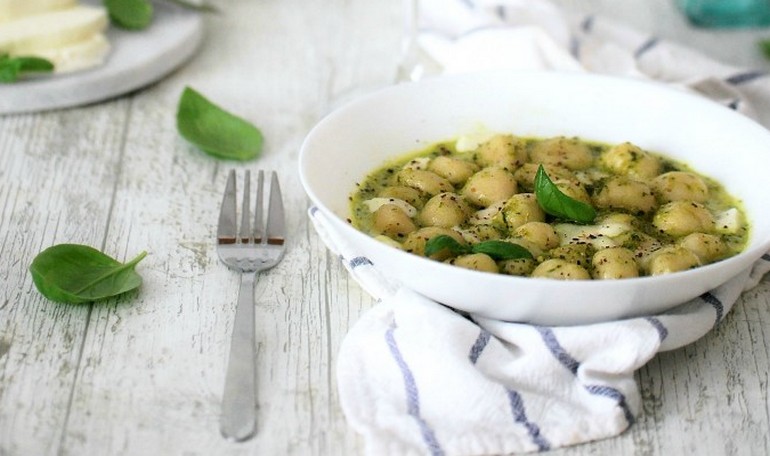 Egg free ricotta dumplings with herbs pesto sauce and mozzarella